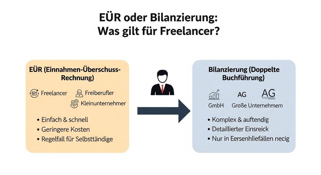 Infografik erklärt den Unterschied zwischen EÜR und Bilanzierung für Freelancer.