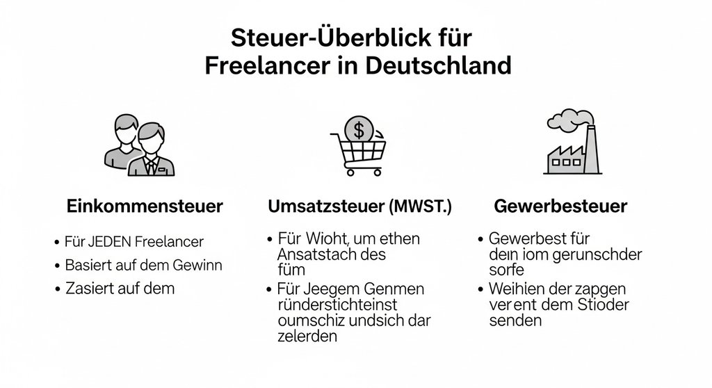 Infografik erklärt die drei wichtigsten Steuerarten für Freelancer: Einkommensteuer, Umsatzsteuer und Gewerbesteuer.