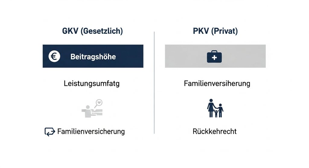 Infografik: Vergleich der gesetzlichen (GKV) und privaten (PKV) Krankenversicherung für Freelancer.