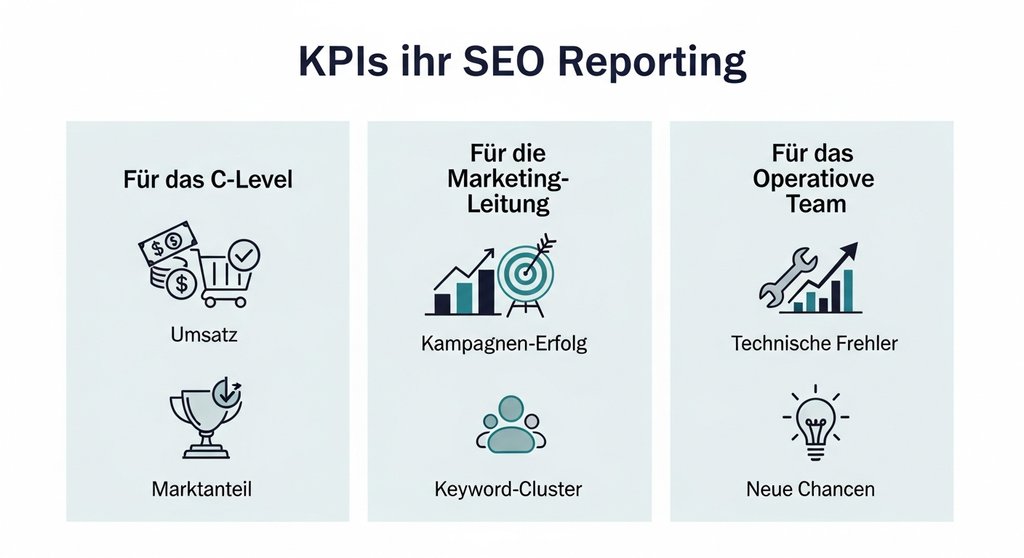 Infografik zeigt die wichtigsten SEO KPIs für C-Level, Marketing-Leitung und das operative Team.