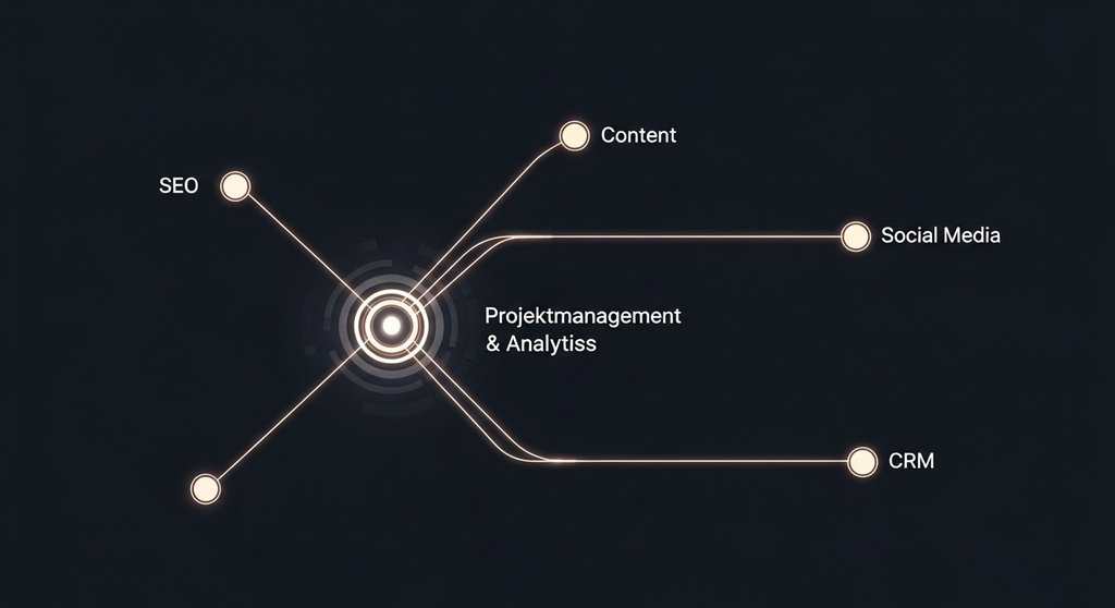 Infografik zeigt, wie Projektmanagement und Analytics das Fundament für andere Inhouse-Marketing-Tools bilden.