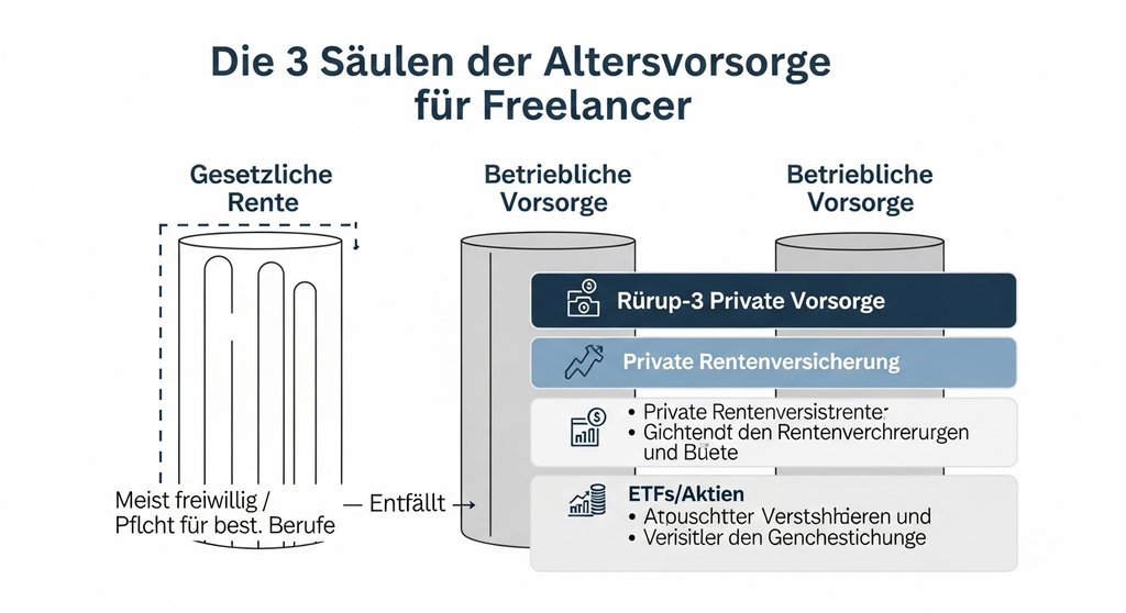 Infografik zu den 3 Säulen der Altersvorsorge für Freelancer und Selbstständige.