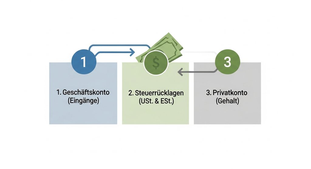 Infografik zum 3-Konten-Modell für Freelancer zeigt den Geldfluss vom Geschäftskonto zu Steuerrücklagen und Privatkonto.