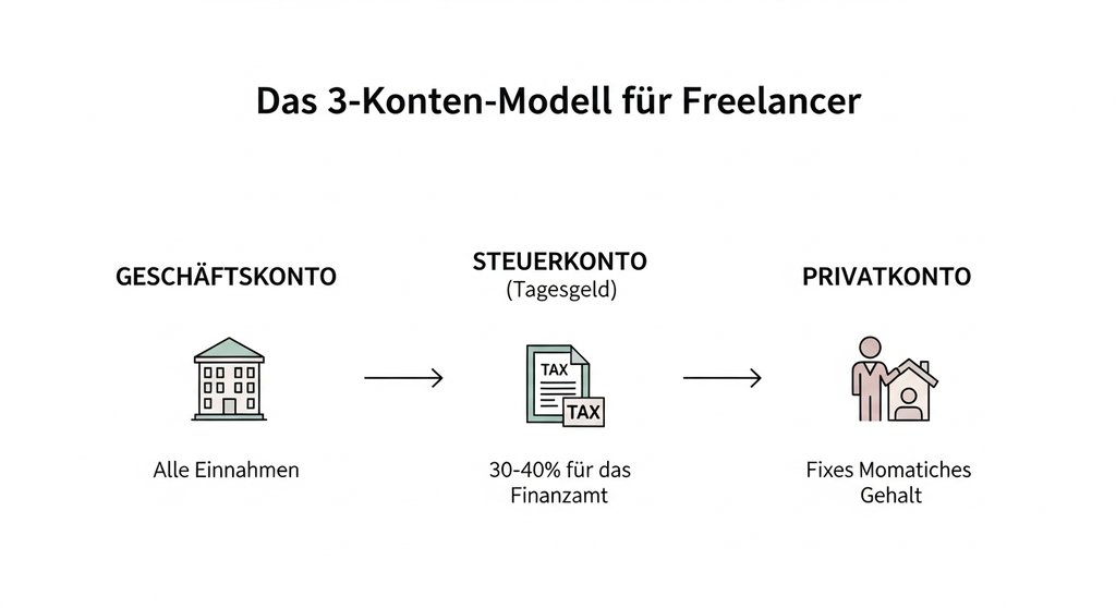 Infografik zum 3-Konten-Modell für Freelancer zur Trennung von Einnahmen, Steuerrücklagen und Privatgehalt.