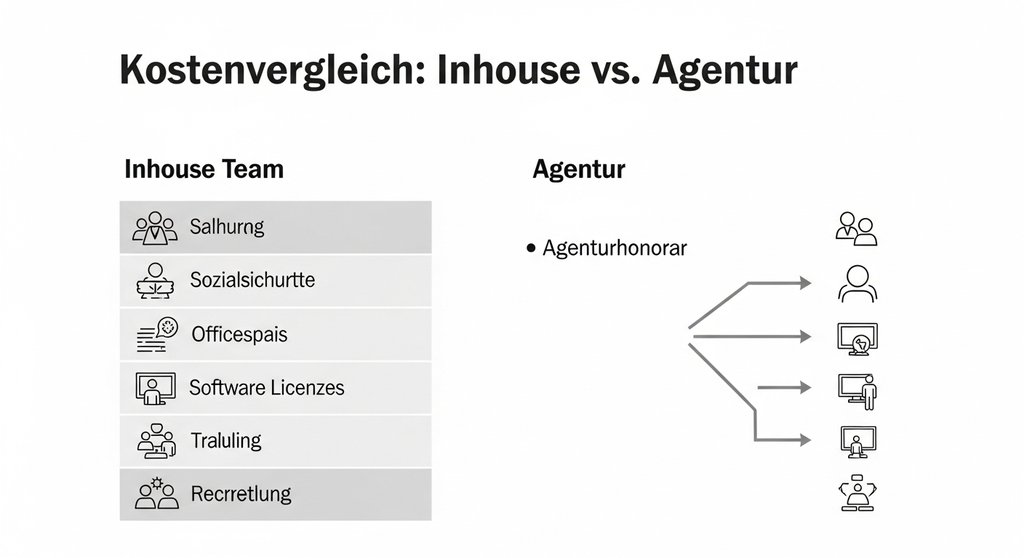 Infografik zum Kostenvergleich zwischen einem Inhouse-Marketingteam und einer Agentur.