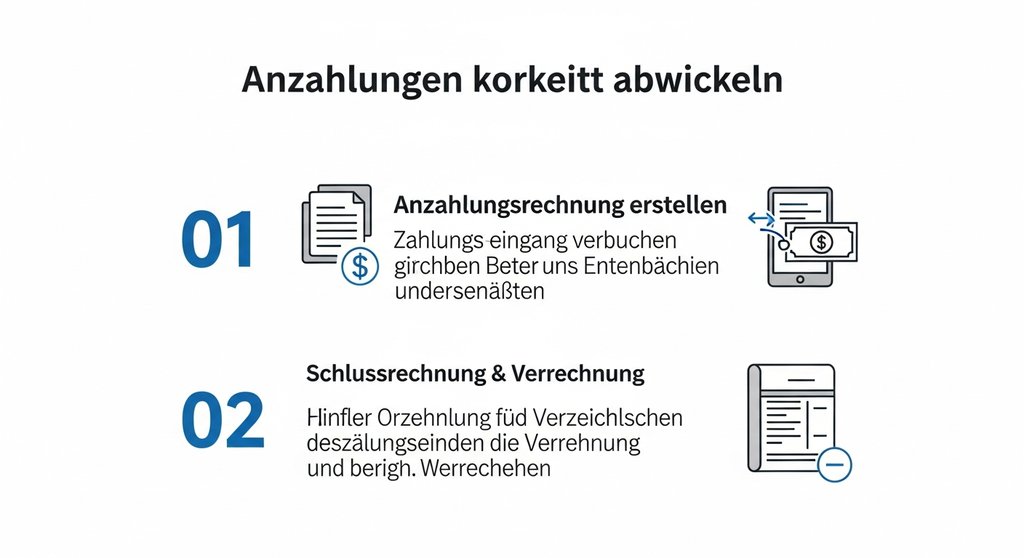 Infografik zum Prozess der korrekten Verbuchung von Anzahlungen in drei Schritten.