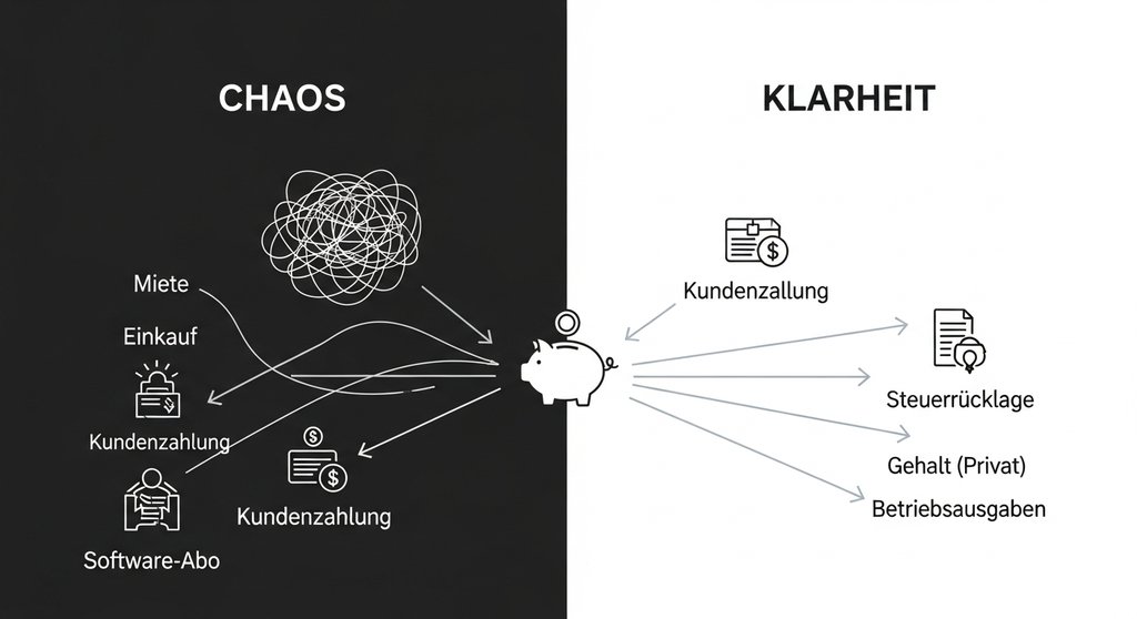 Infografik zum Vergleich von gemischten Finanzen und einem getrennten Geschäftskonto für Freelancer.