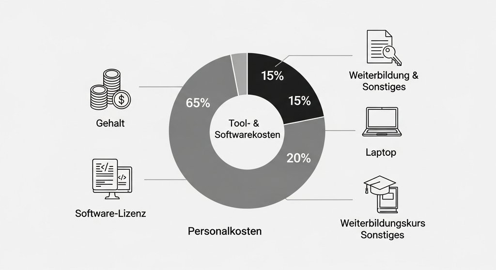 Infografik zur Aufteilung der Kosten im Inhouse Marketing nach Personal, Tools und Weiterbildung.