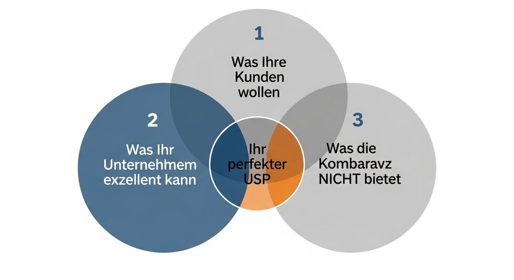 Infografik zur Findung eines USP durch die Schnittmenge von Kundenwünschen, Unternehmensstärken und Wettbewerbsschwächen.