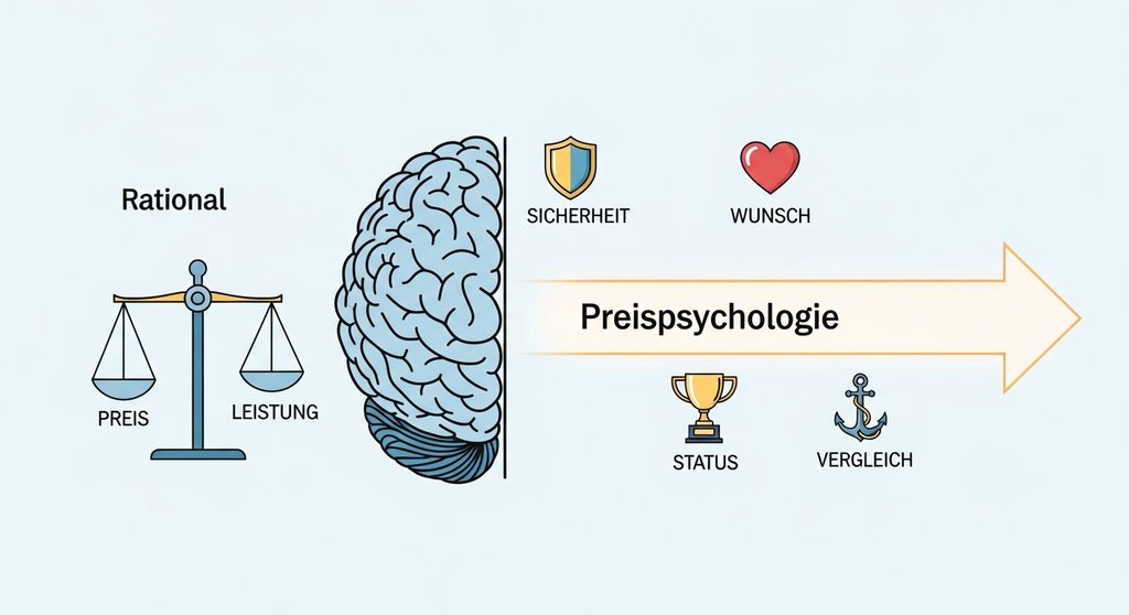 Infografik zur Preispsychologie: Emotionale Faktoren wie Sicherheit und Status beeinflussen die Preiswahrnehmung stärker als rationale Aspekte.