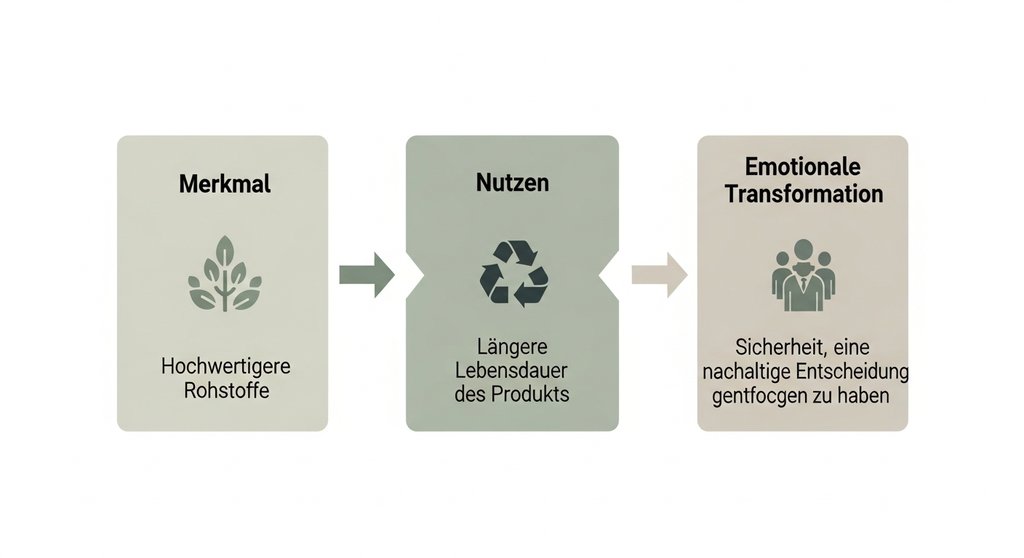 Infografik zur Übersetzung von Produktmerkmalen in emotionale Vorteile für Kunden bei einer Preiserhöhung.