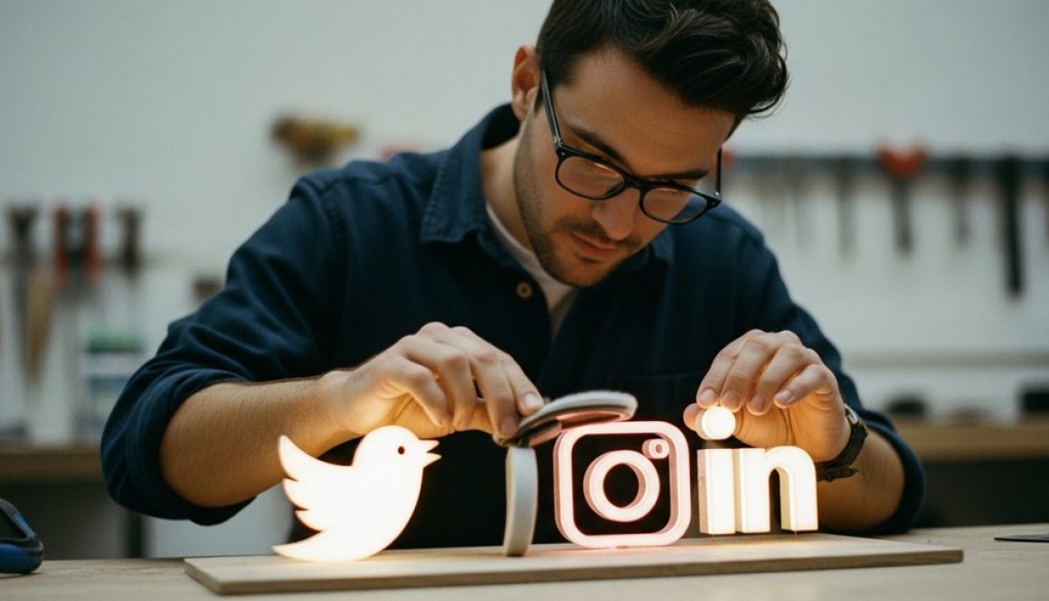 Kreativer Experte optimiert sorgfältig Social-Media-Profile in einer Werkstatt.