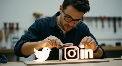 Kreativer Experte optimiert sorgfältig Social-Media-Profile in einer Werkstatt.