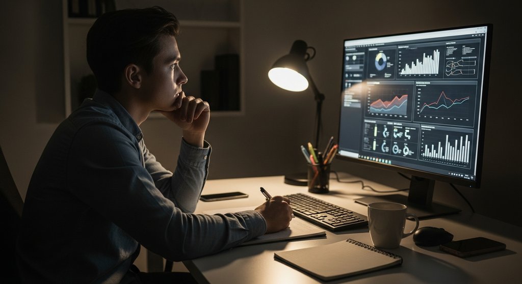 Person analysiert nachts konzentriert SEO-Daten für ein Inhouse Audit.