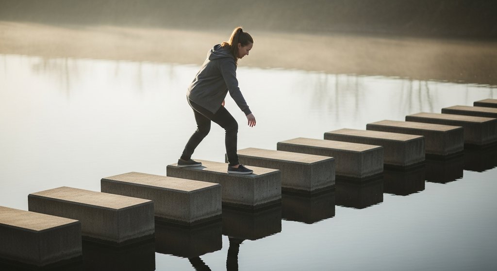 Person baut schrittweise Vertrauen auf, symbolisiert durch einen Weg aus Steinen über Wasser.