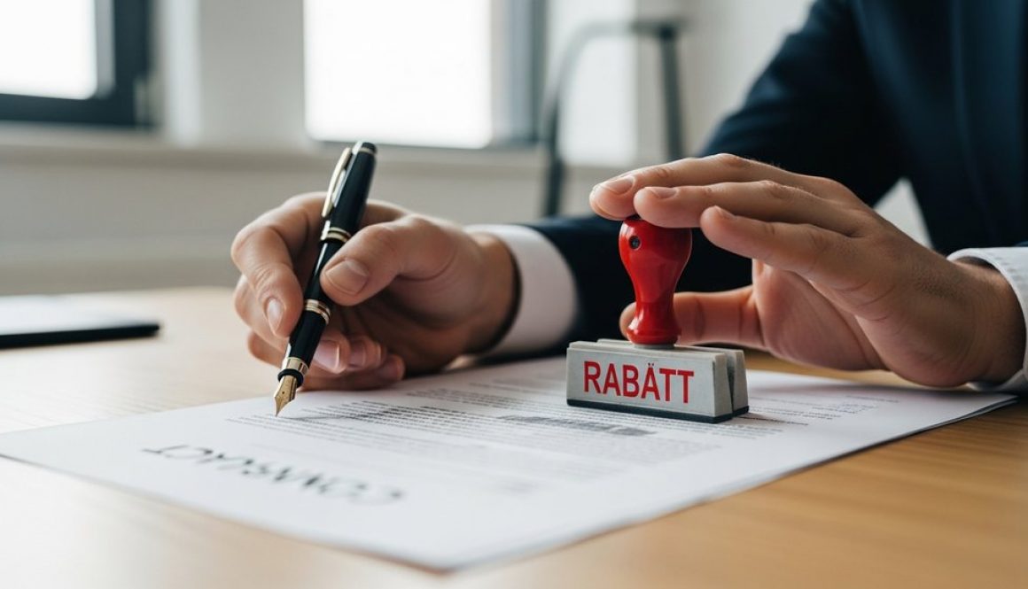 Professionelle Hand, die einen 'RABATT'-Stempel von einem Vertrag wegschiebt, um den Wert zu schützen.