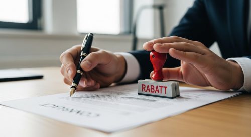 Professionelle Hand, die einen 'RABATT'-Stempel von einem Vertrag wegschiebt, um den Wert zu schützen.