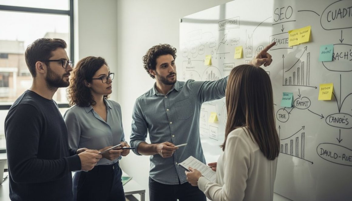 Professionelles Team führt ein strategisches Inhouse SEO Audit an einem Whiteboard durch.