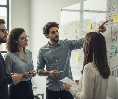 Professionelles Team führt ein strategisches Inhouse SEO Audit an einem Whiteboard durch.