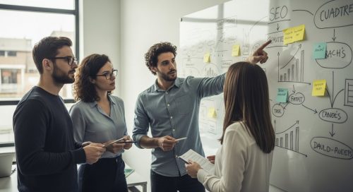 Professionelles Team führt ein strategisches Inhouse SEO Audit an einem Whiteboard durch.