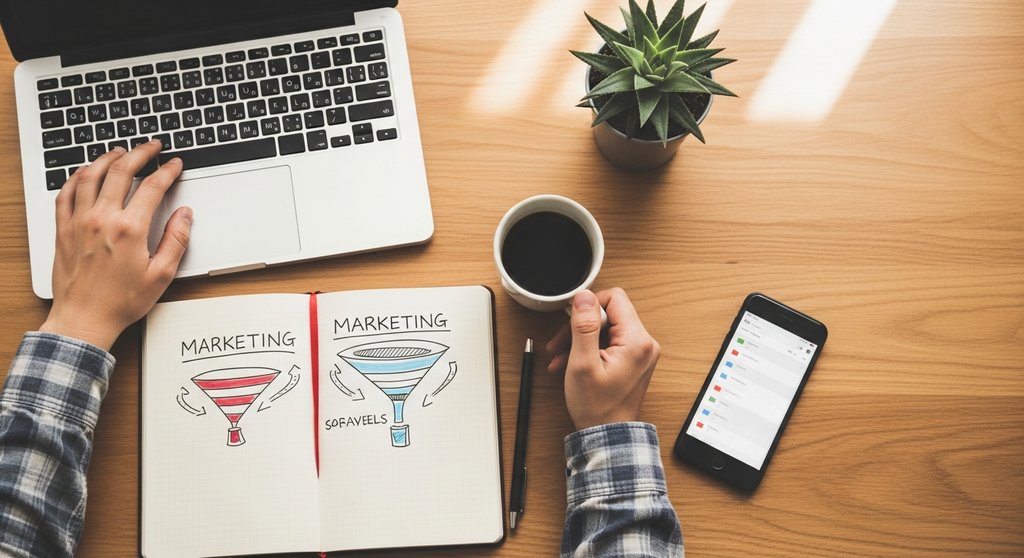 Schreibtisch eines Solo-Marketing-Managers mit Laptop und Notizbuch zur Planung von Inhouse-Marketing-Aktivitäten.