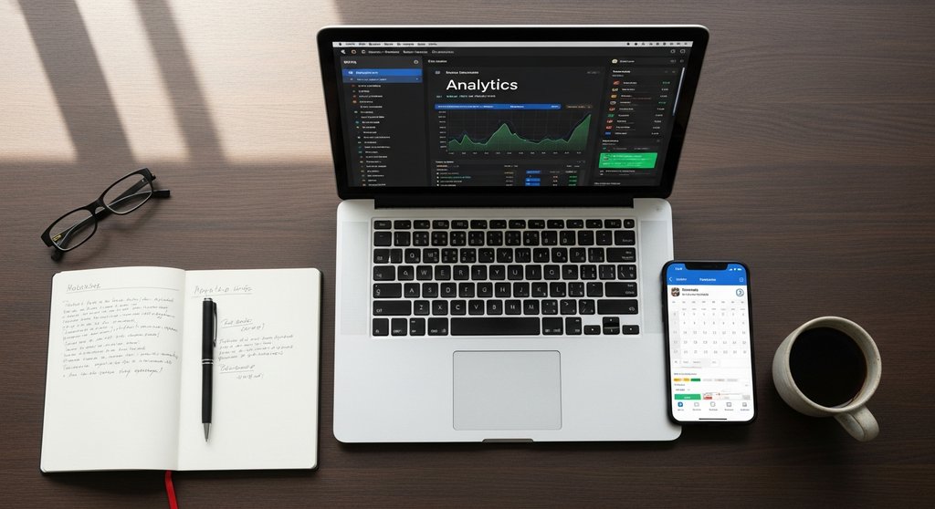 Schreibtisch mit Laptop, der Marketing-Analytics anzeigt, und weiteren Arbeitsutensilien.