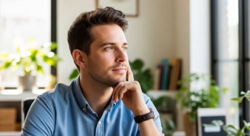 Selbstbewusster Freelancer am Schreibtisch plant seine Krankenversicherung.