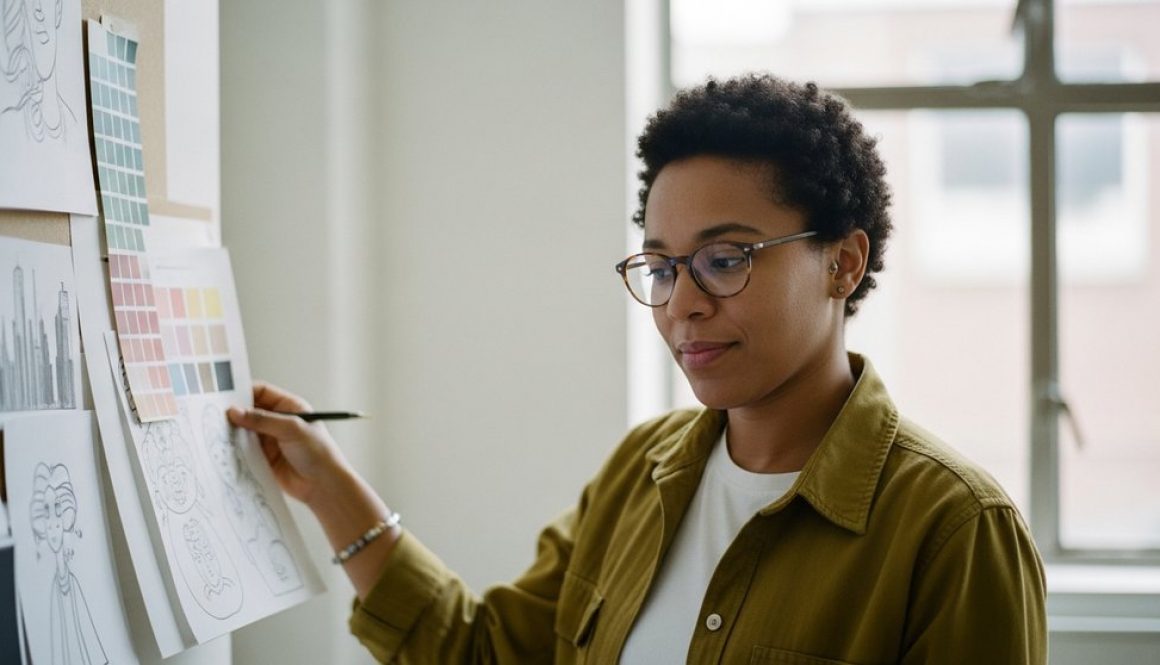 Selbstständiger beim Markenaufbau an einem Moodboard in seinem Atelier.