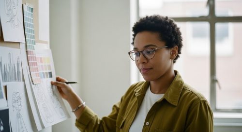 Selbstständiger beim Markenaufbau an einem Moodboard in seinem Atelier.