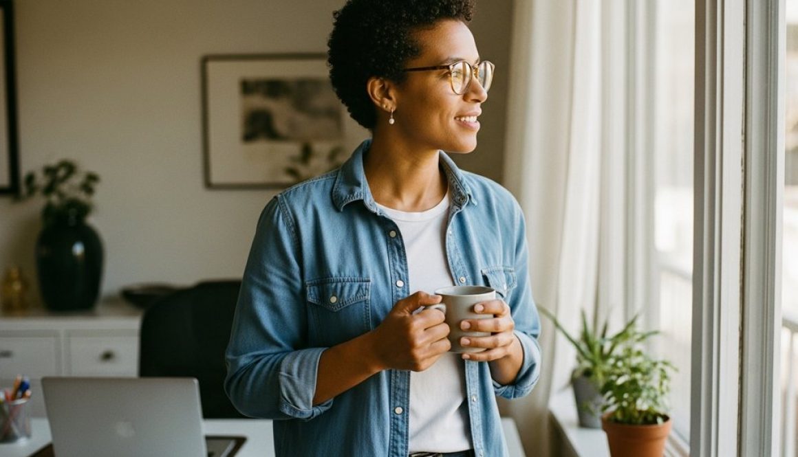 Selbstständiger blickt zuversichtlich aus dem Fenster seines Büros und plant sein Gehalt.