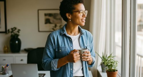 Selbstständiger blickt zuversichtlich aus dem Fenster seines Büros und plant sein Gehalt.