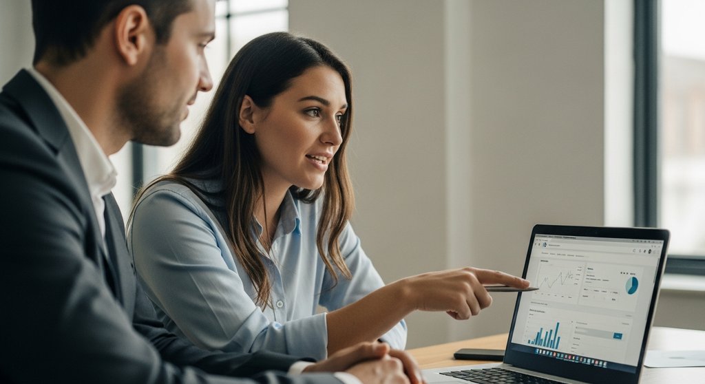 SEO-Manager im Vorstellungsgespräch analysiert gemeinsam mit Personaler eine Webseite.