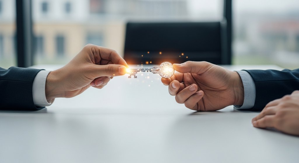 Symbolische Übergabe von Nutzungsrechten in Form eines leuchtenden Schlüssels zwischen zwei Personen.