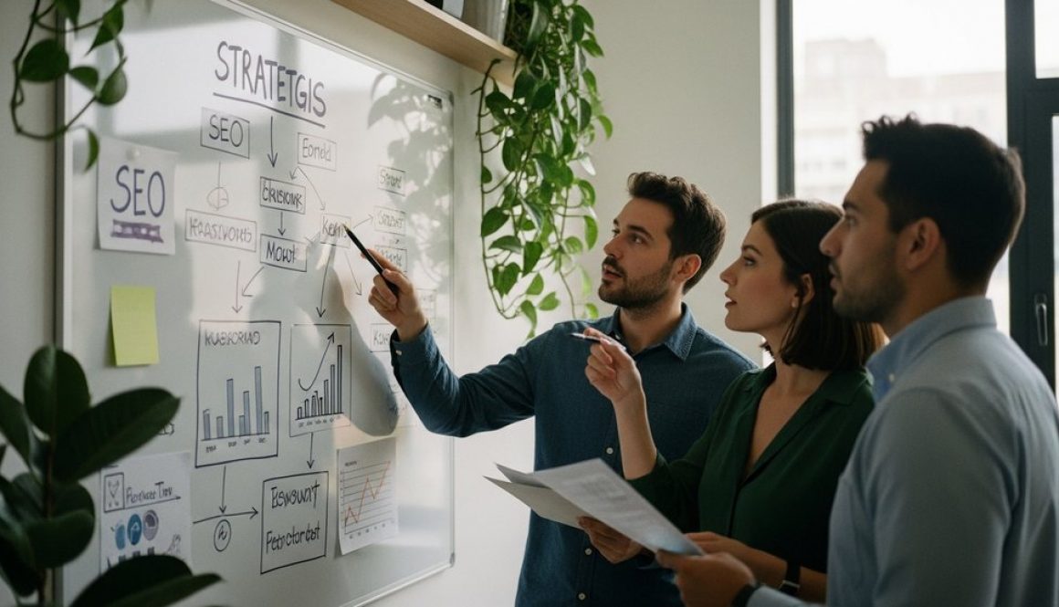 Team diskutiert die Vorteile einer Inhouse SEO-Strategie am Whiteboard.