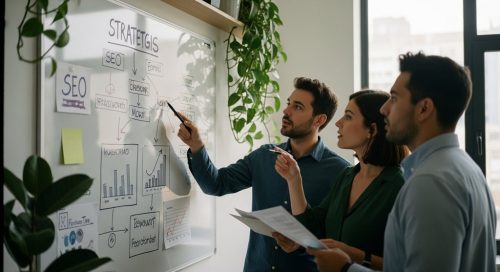 Team diskutiert die Vorteile einer Inhouse SEO-Strategie am Whiteboard.