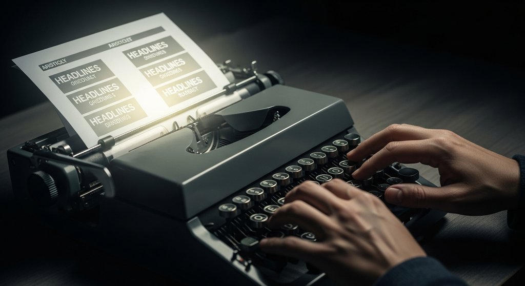 Texter schreibt überzeugende Überschriften für Website-Texte auf einer Schreibmaschine.