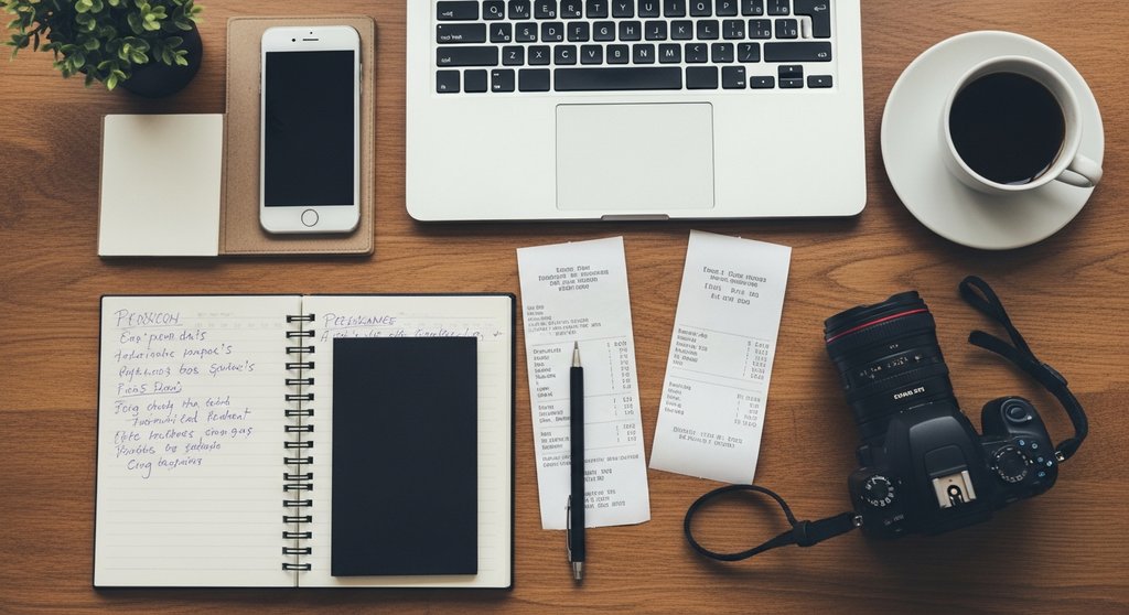 Typische Betriebsausgaben eines Selbstständigen wie Laptop, Belege und Kamera.