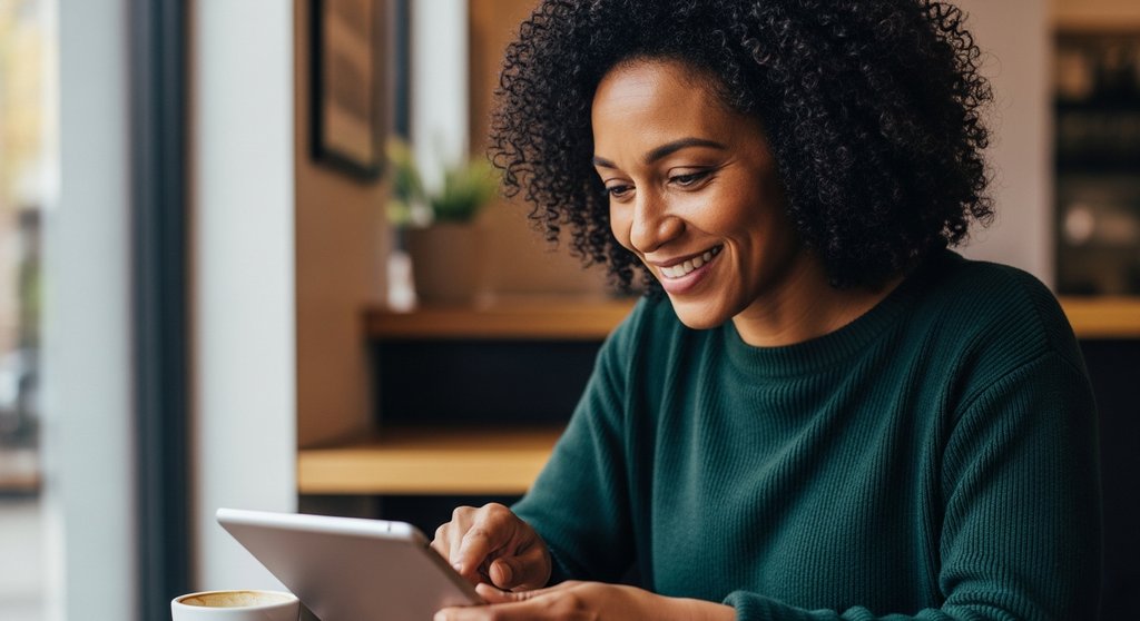 Unternehmer nutzt Social Media auf einem Tablet, um die Online-Sichtbarkeit zu erhöhen.