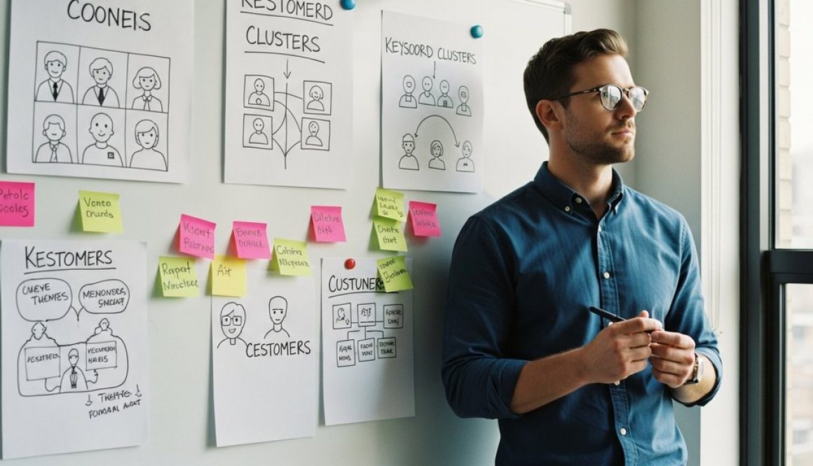 Unternehmer plant strategisch die Inhalte für seine Website-Texte an einem Whiteboard.