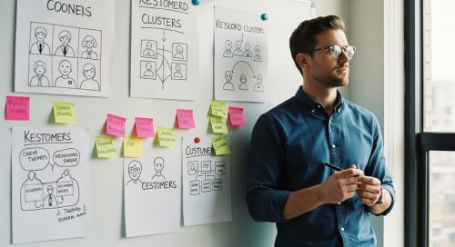 Unternehmer plant strategisch die Inhalte für seine Website-Texte an einem Whiteboard.