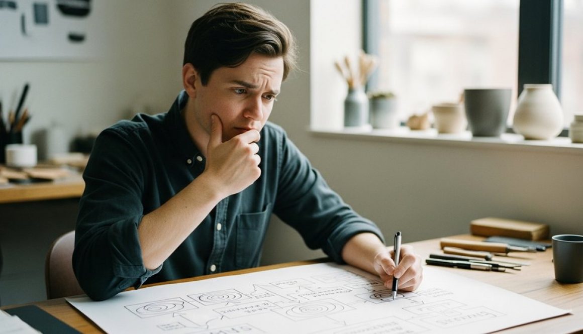 Unternehmer prüft skeptisch die Nachteile einer SEO-Agentur anhand einer komplexen Grafik.