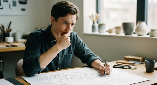 Unternehmer prüft skeptisch die Nachteile einer SEO-Agentur anhand einer komplexen Grafik.