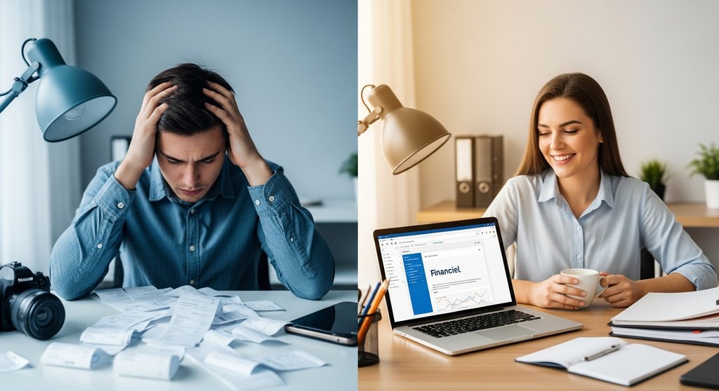 Vorher-Nachher-Bild: Chaotische vs. organisierte Buchhaltung eines Freelancers.