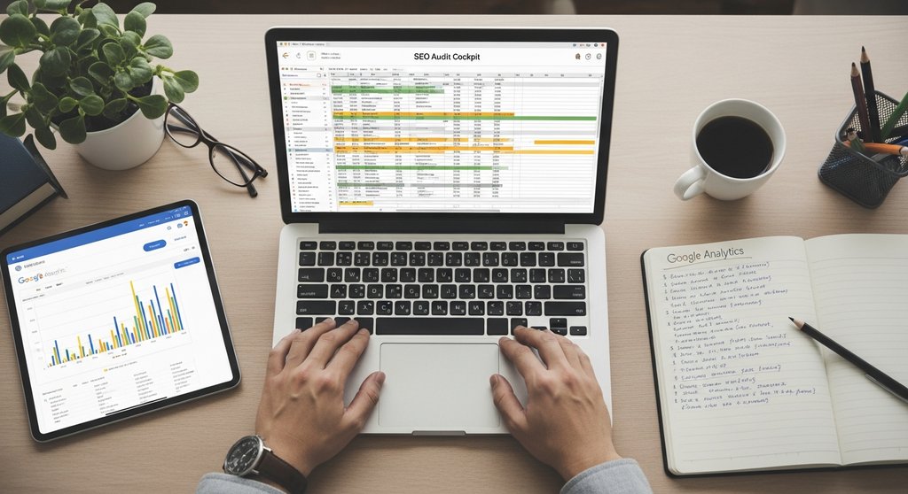 Zentrales SEO Audit Cockpit auf einem Notebook zur Organisation der Analyse.