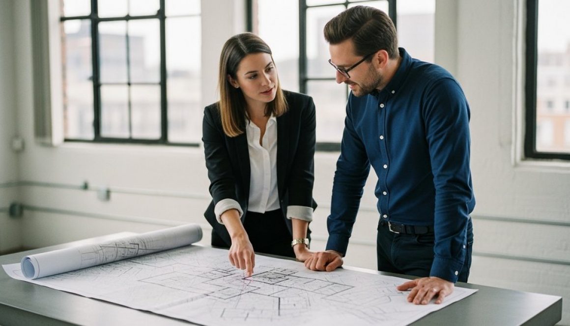 Zwei Experten beugen sich über eine SEO-Outsourcing-Strategie, die auf einem Plan dargestellt ist.