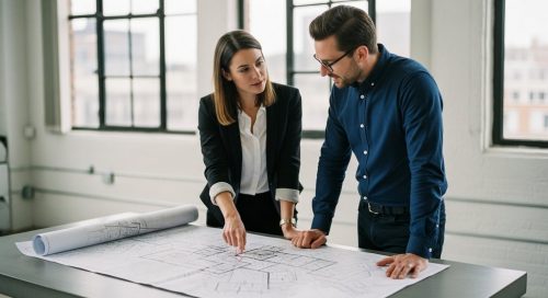 Zwei Experten beugen sich über eine SEO-Outsourcing-Strategie, die auf einem Plan dargestellt ist.