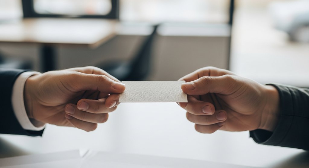 Zwei Hände tauschen eine hochwertige Visitenkarte aus als Symbol für professionelles Branding.