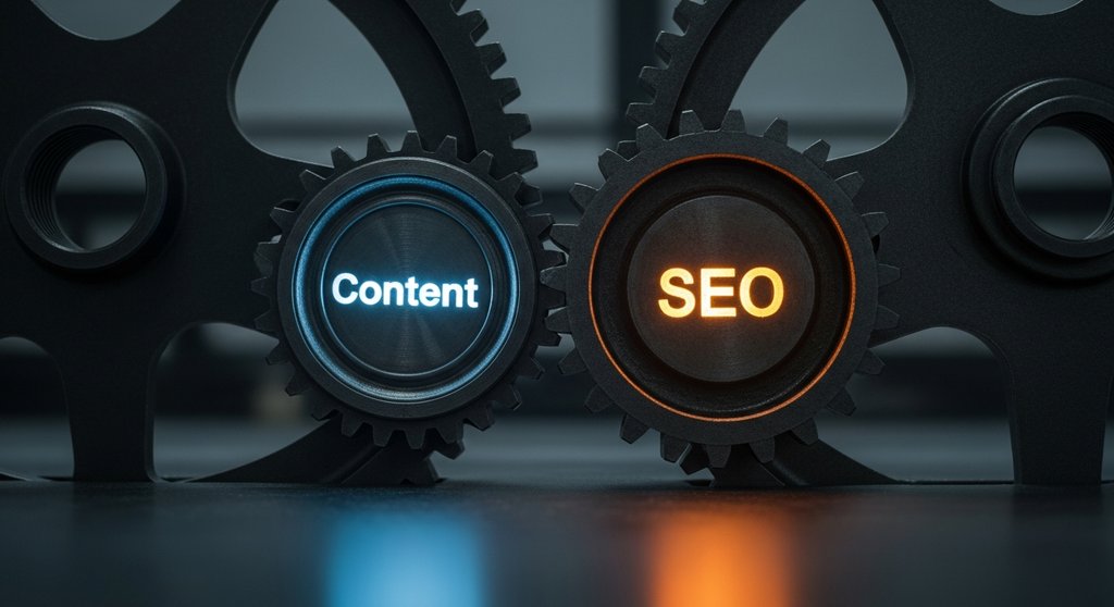 Zwei ineinandergreifende Zahnräder mit der Aufschrift 'Content' und 'SEO', die die Synergie der beiden Disziplinen symbolisieren.