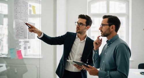 Zwei Marketing-Experten besprechen eine SEO-Strategie im Hybrid-Modell.