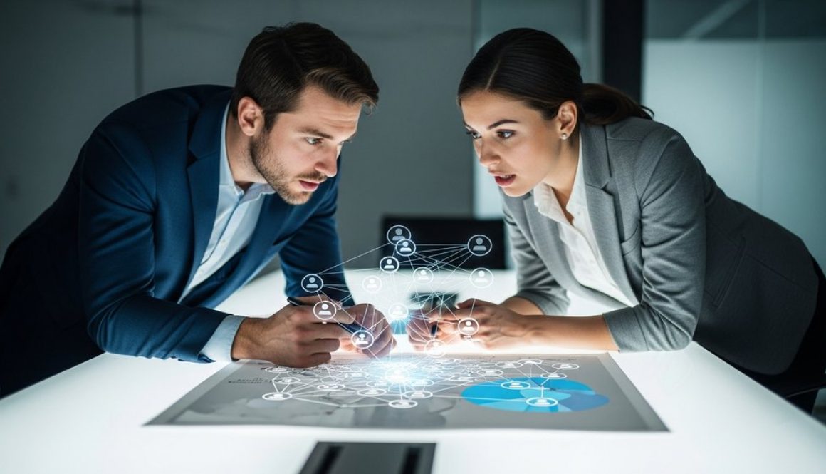 Zwei Marketing-Experten definieren eine B2B-Zielgruppe mithilfe einer interaktiven 3D-Karte.